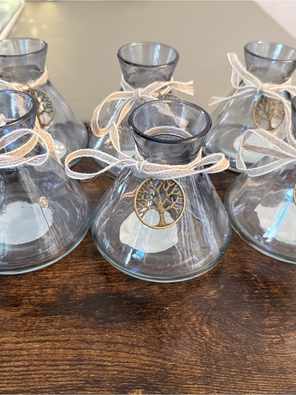 Clear Glass Bud Vase with Tree Charm and Twine Bow